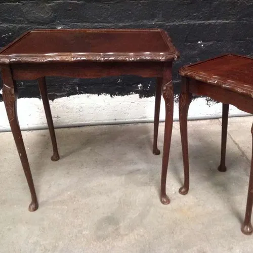 set of 2 wood nested side tables with decorative trim