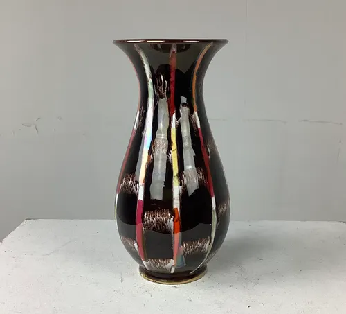 Glazed Ceramic Vase Brown with multicoloured design