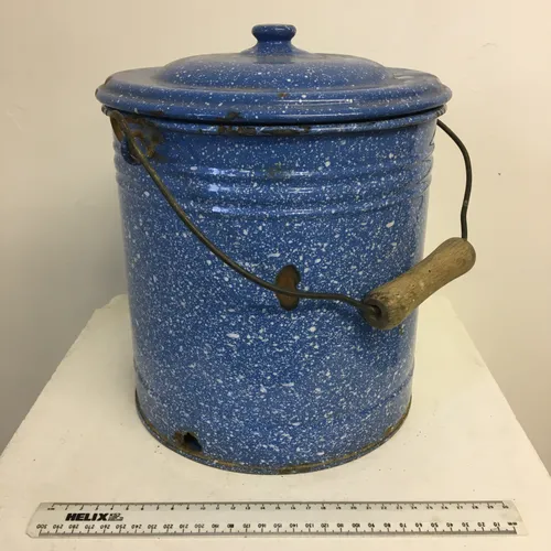 Period Blue Speckled Enamel Bucket Pail with Lid
