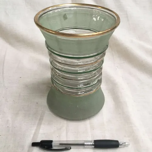 Frosted Green Glass Vase with Gold Trim