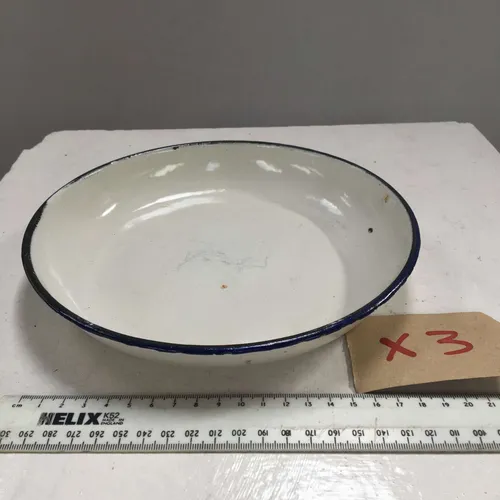Period White with Blue Trim Enamel Shallow Bowl Plate