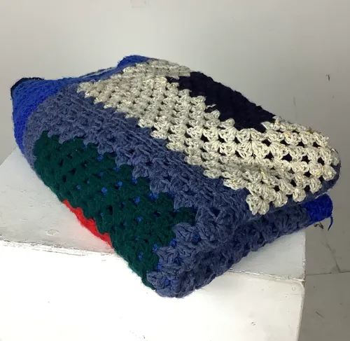 Blue Cream Red and Black Crochet Blanket