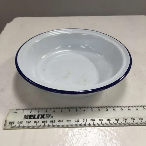 White with Blue Trim Enamel Round Pie Dish Tin