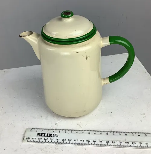 Green and Cream Metal Teapot / Coffee Pot