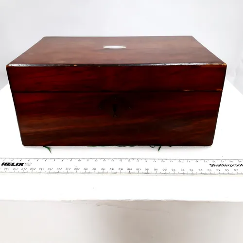 Period wooden jewellery box with secret top compartment