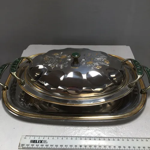 MSB ORO Silver Metal Tray and Serving Dishes with Gold Trim and Handles