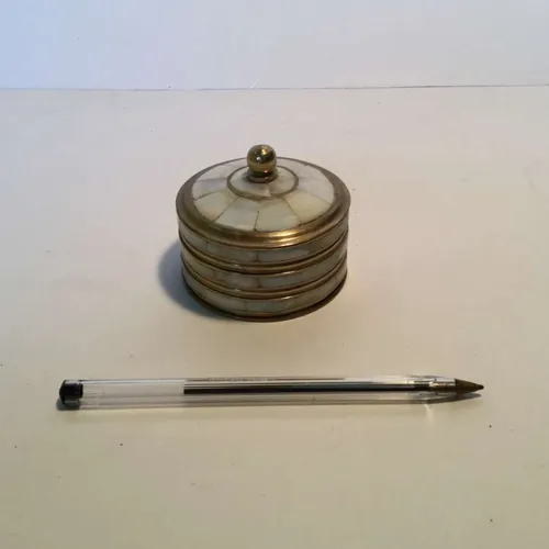 small period dressing table circular storage pot mother of pearl and gold with lid