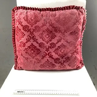 Red, Pink Patterned Square Cushion with Pleated Trim