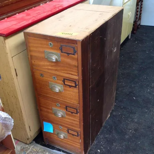 Period Wood Four Drawer Filing Cabinet with Brass Handles