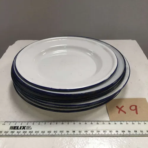 White with Blue Trim Enamel Dinner Plate