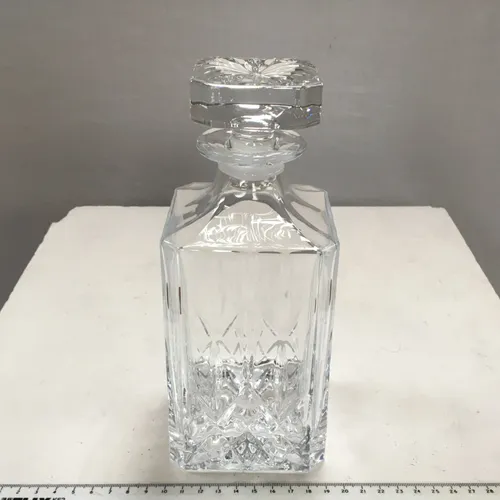 Decanter, crystal, cut glass, square base, flat square stopper