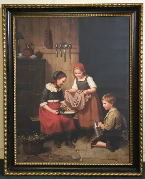 Kinder spielen mit Katzen in einer Küche, 1865 Auguste Ludwig Painting 103cm x 127cm