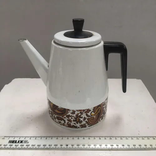 Period White with Brown Design Enamel Coffee Pot