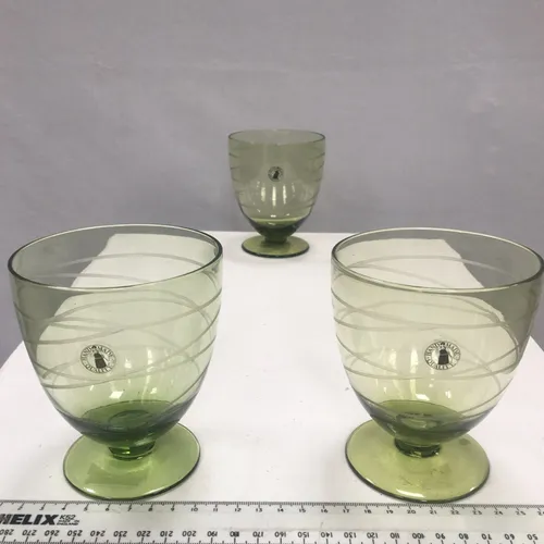 Set of 3 handmade green wine glass etched spiral