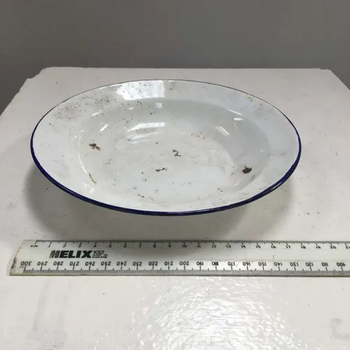 Period Aged White with Blue Trim Enamel Soup Bowl