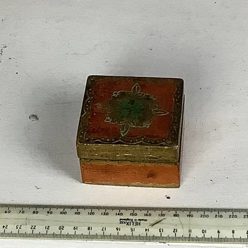 Wooden Square Orange with Gold Trim and Leaf Detail Trinket Box