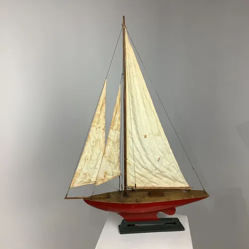 Large Red Wood Model Pond Yacht / Sail Boat with Black Base