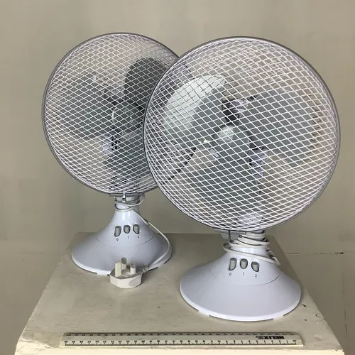 White plastic electric fan with metal cage 
