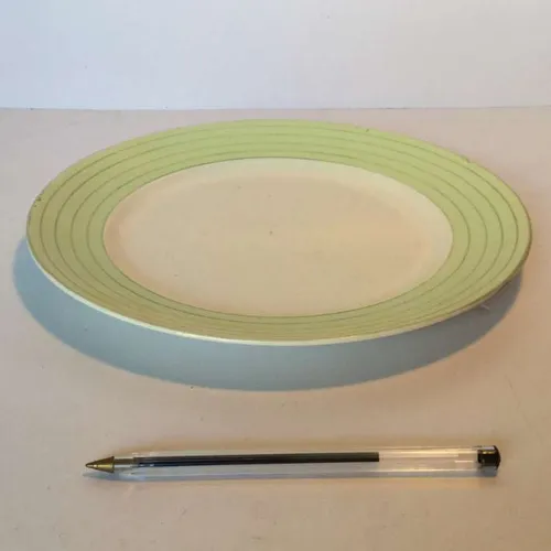 white dinner plate with pale green rim with thin dark green stripes