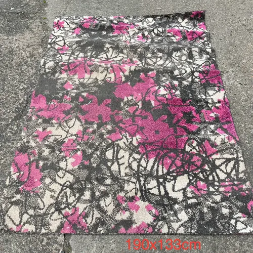 Black/Grey/Cream Rug with Scribbles and Pink Spray Effect Design