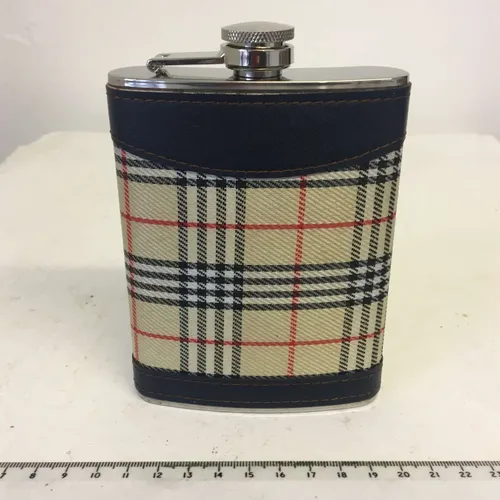 Hip flask with Burberry style tartan and leather cover