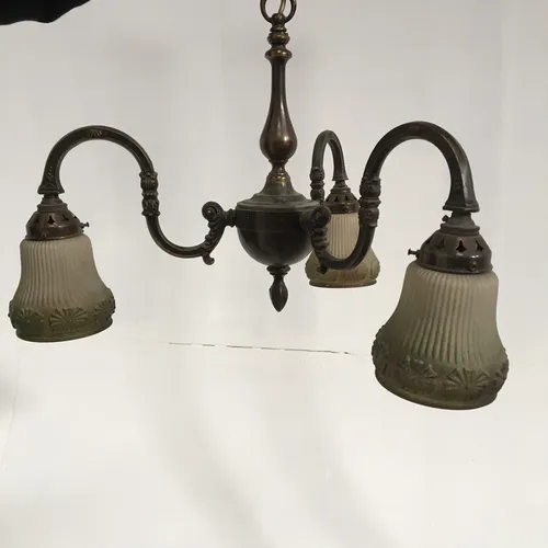 Brass chandelier/pendant light with three branches and opaque glass shades