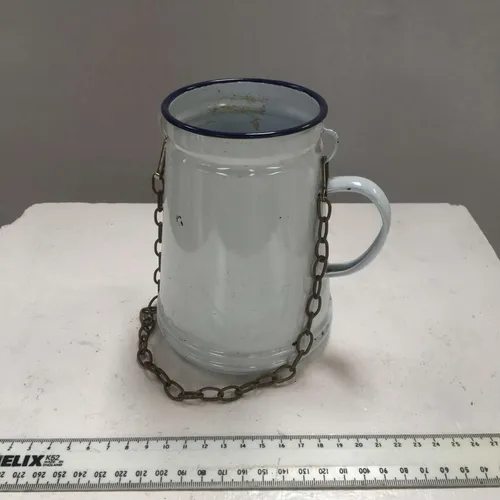 White with Blue Trim Enamel Tea Billy Can with Handle & Chain