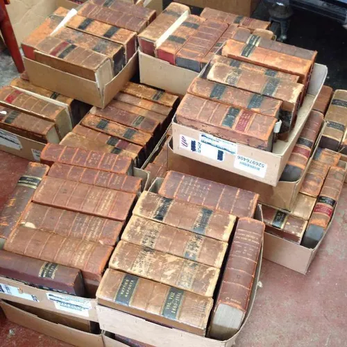 Aged period hardback books with worn leather cover (per crate)