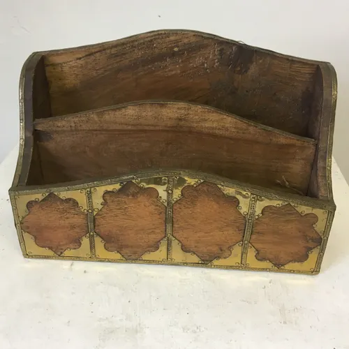 Wooden desk tidy letter holder rack with brass decoration