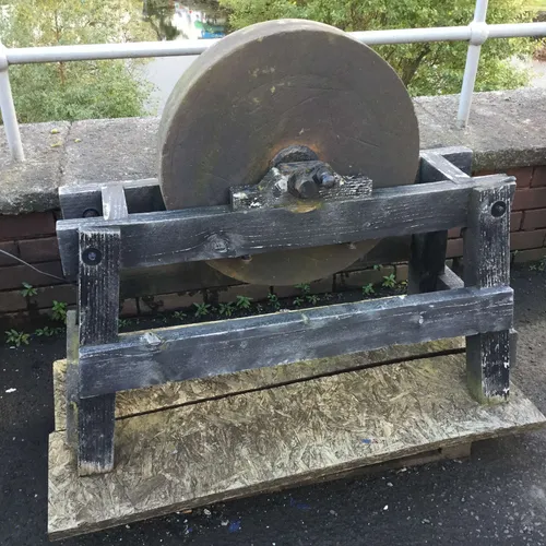 Period Black Wood Frame Handled Grindstone Millstone