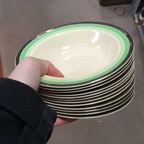 Small cream bowls with green and silver edge