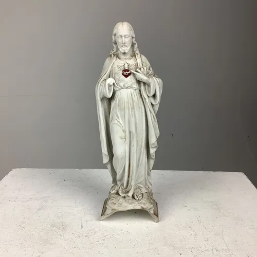 White Stone Jesus Statue Figurine with Red Heart
