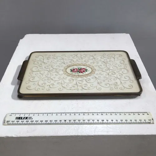 Period Glass Top Brass with Floral Embroidery Serving Tray
