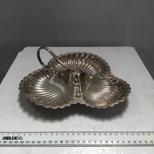 Triple Shell / Triform Scallop Silver Metal Handled Serving Tray Dish