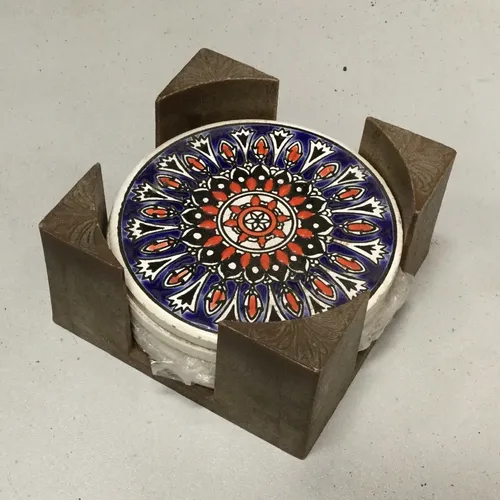 Ceramic decorative coasters with wood holder