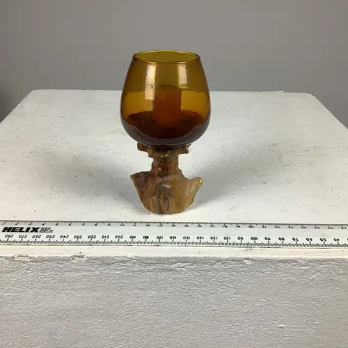 Amber Glass Candle Holders with Carved Wood Base