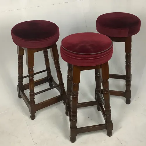 Dark wood bar/pub stool with red velvet seat cover (3 Available)