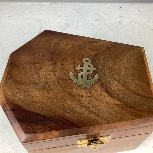 Dark wood box with anchor and royal blue lining