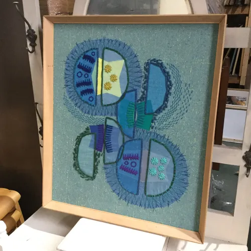 Wood Framed Fabric Tapestry Art 'Blue Abstract'