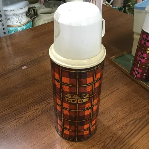 Period Large Orange and Gold Plaid Thermos Flask