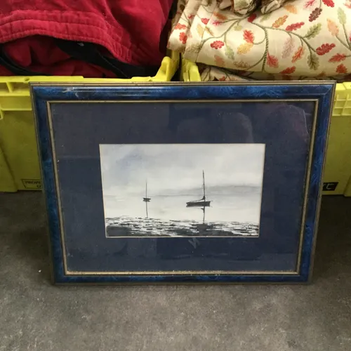 Blue Framed Photo of Boat Landscape