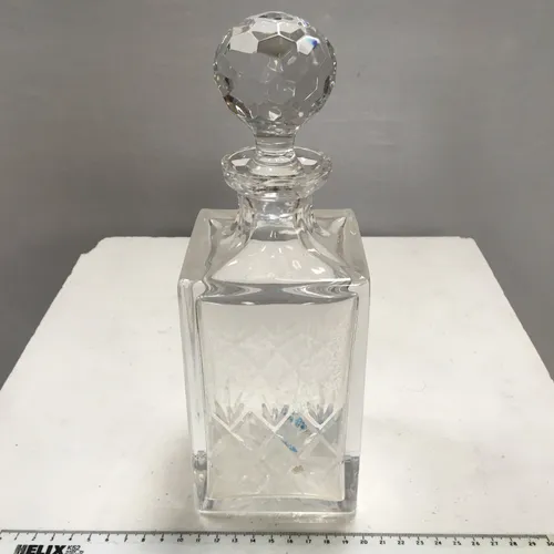 decanter, cut glass, square base, and stopper