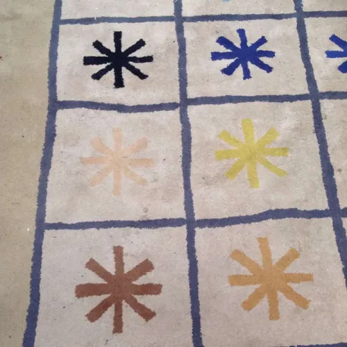 Cream Area Rug with Blue Squares and Multi-Coloured Asterisk Pattern