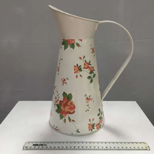 White with Floral Print Enamel Pitcher Jug