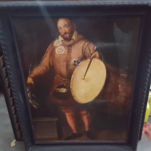 Period Style Large Black Frame Picture Man with Drum