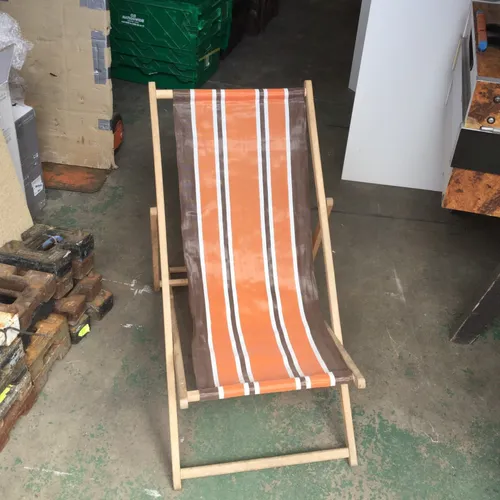 Period Brown and Orange Striped Slingback Deck Chair 