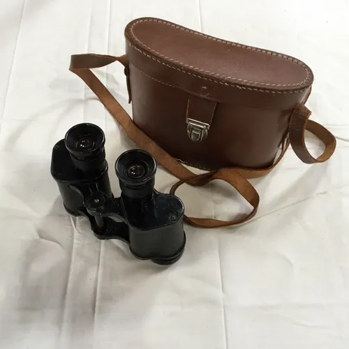 Period Black Binoculars In Brown Leather Case