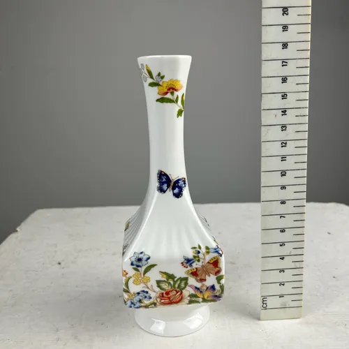 White Bud Vase with Flowers and Butterfly