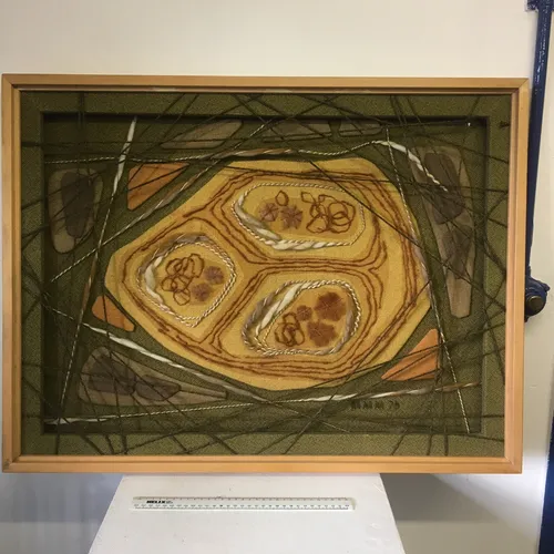 Wood Framed Green & Orange Fabric Tapestry Art