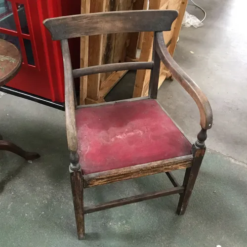 Period Wood Dining Arm Chair with Aged Fabric Seat